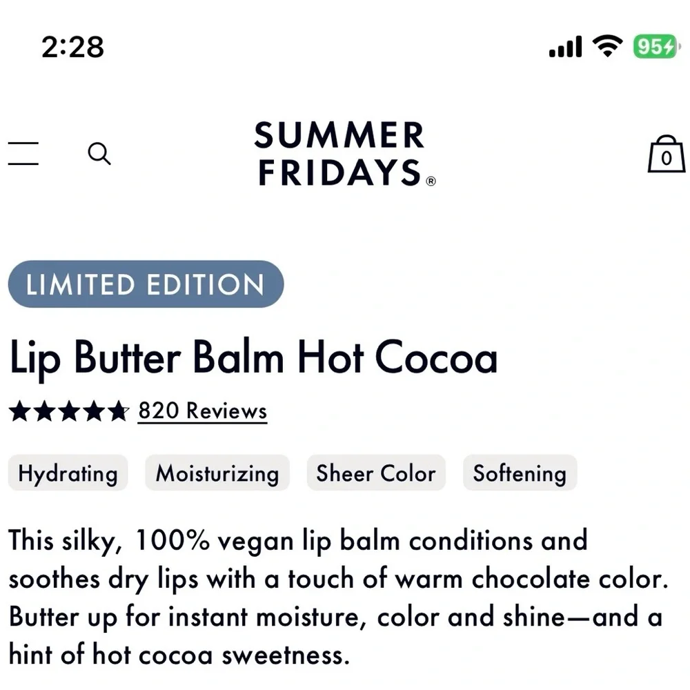 NEW Limited Edition Summer Fridays Lip Butter Balm in Hot Cocoa Sheer Brown